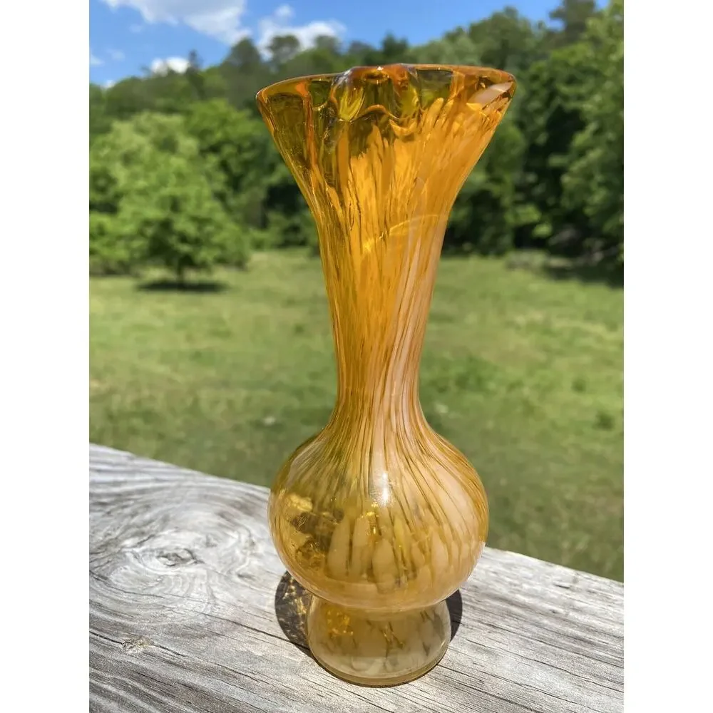 Vintage Orange White Swirl Art Glass Vase Ruffle Rim 6.5 Inch